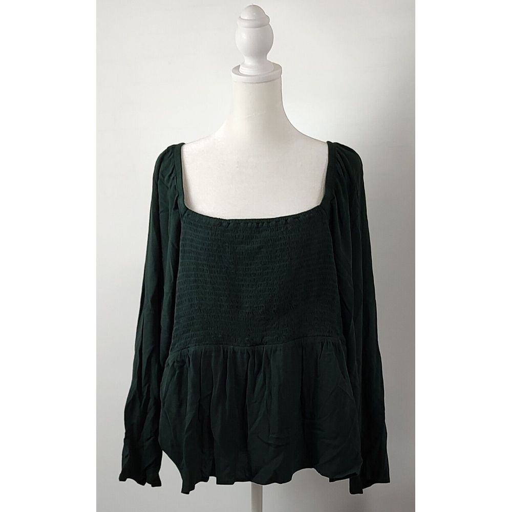 Old Navy Womens XXL Dark Green Smocked Square Neck Open Back Peplum Blouse Top